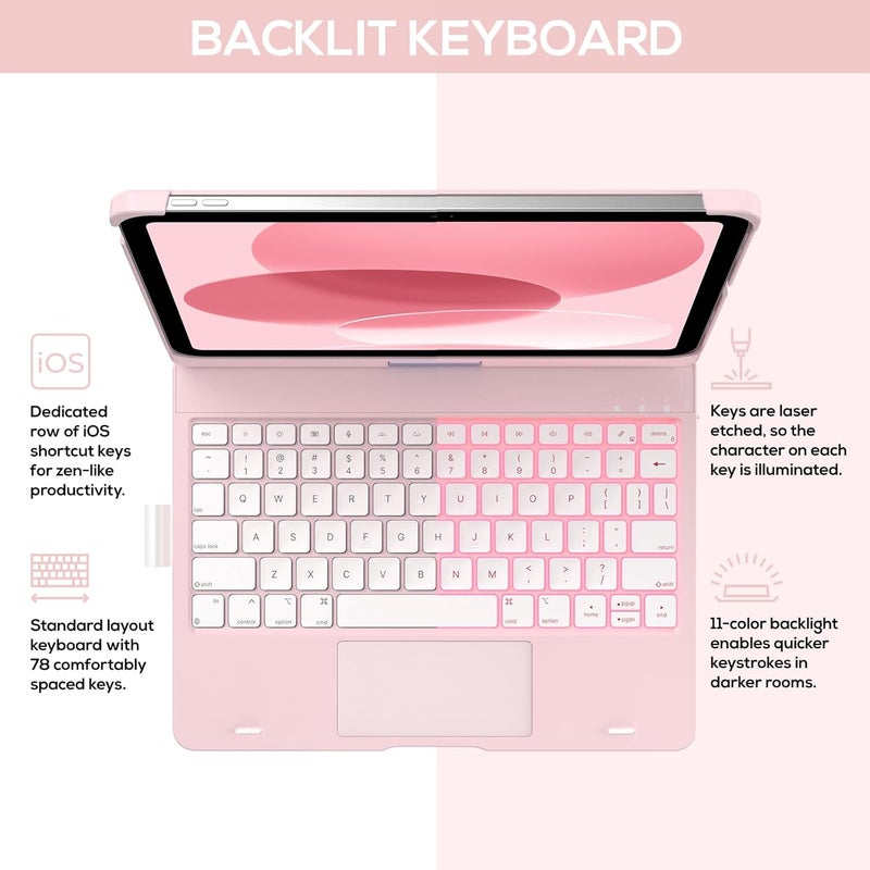 typecase حافظة آيباد 11 الجيل العاشر مع لوحة مفاتيح (11" 2025، A16 و10.9" 2022) – قابلة للدوران 360°، إضاءة خلفية بـ 11 لون، لوحة تتبع متعددة اللمس، حامل قلم، رقيقة وخفيفة – وردي فاتح - Image 3
